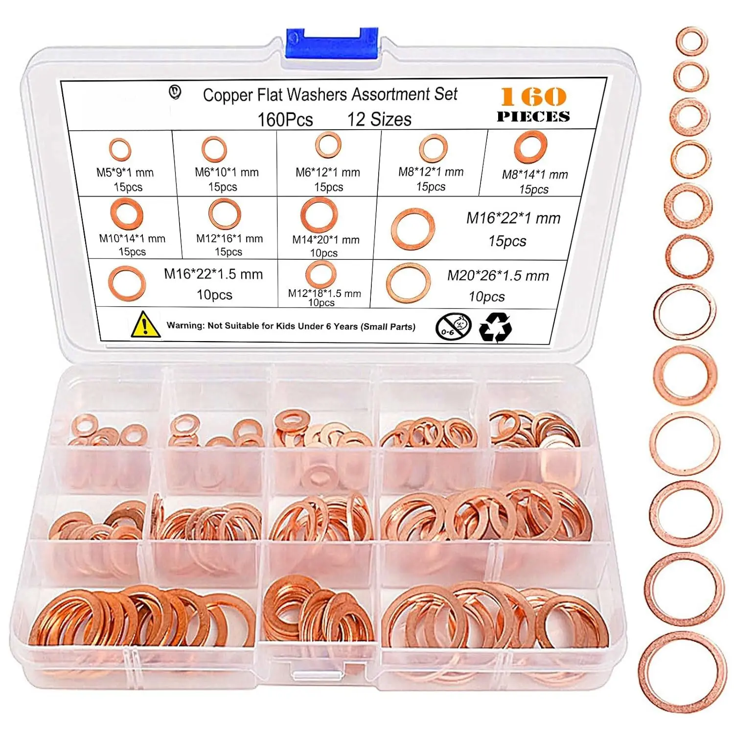 Copper Washers - Upgraded 160 count 12 Sizes (M5-M20) Washers, Heavy Duty Crush Flat Washer Gaskets, -Resistant with Storage Box