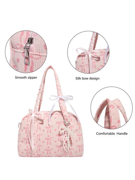 Valentine's Day gift, niche design sweet pink velvet shoulder bag, corduroy butterfly bow with pearl pendant armpit bag, Fashionable shopping purse, cute, multi-functional, suitable for students commuting, shopping, etc.