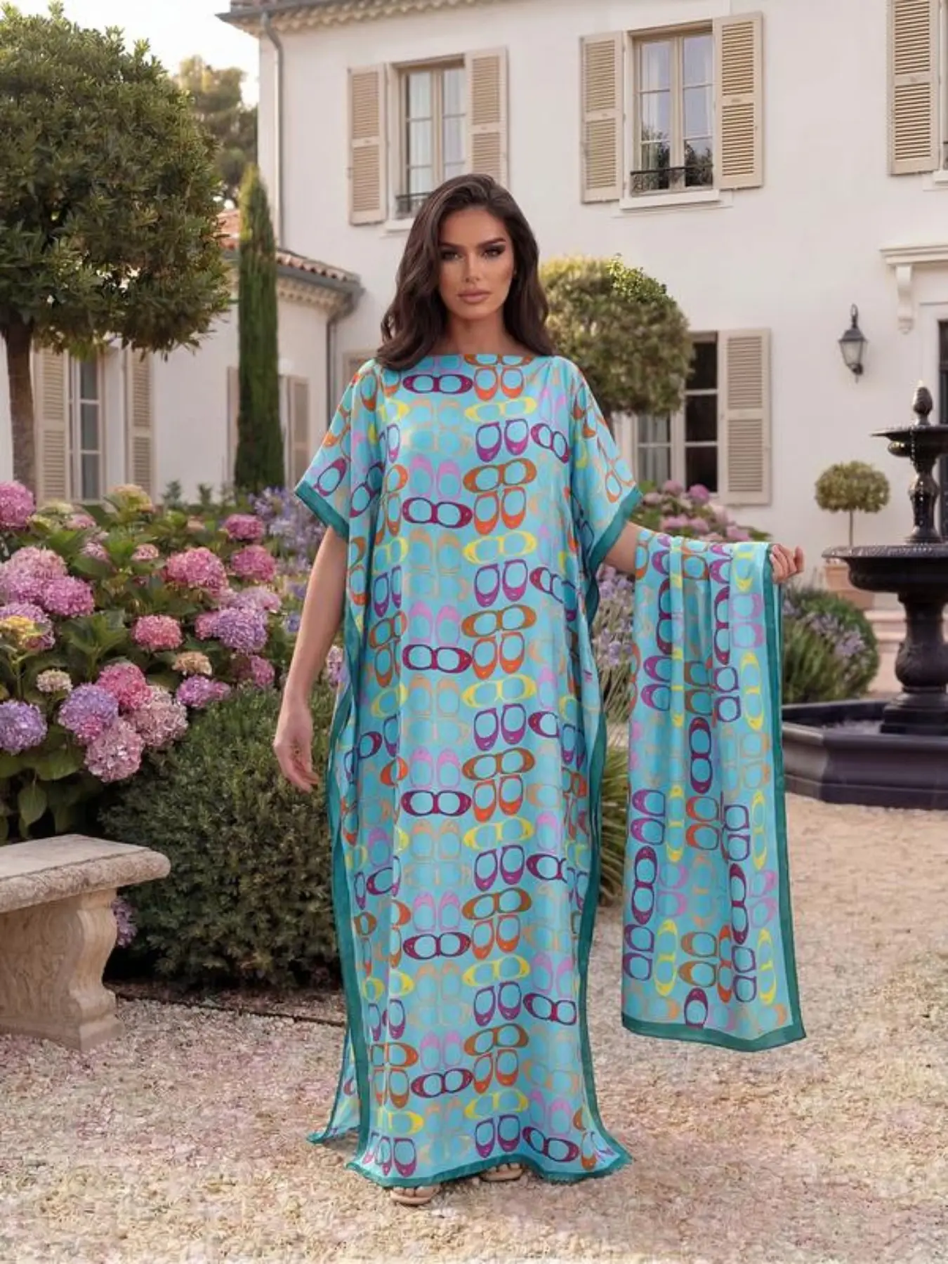 Women's Elegant Geometric Print Loose Shawl, Long Robe Pullover Scarf, Beach Sun Protection Silk Ribbon, All Seasons Fashion Accessory