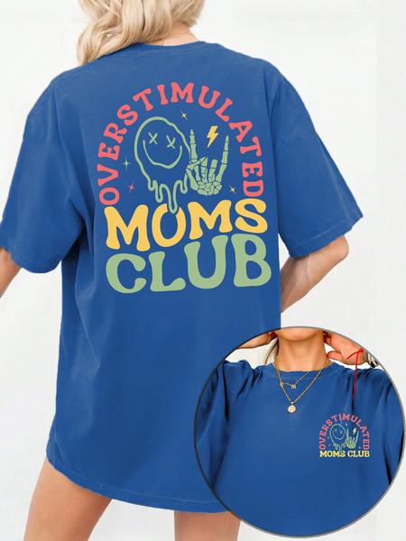 Women's Overstimulated Moms Club Round Neck Graphic Tee, Vintage Trendy Casual Short Sleeve T-shirt for Daily Wear, Ladies Summer Outfit, Top