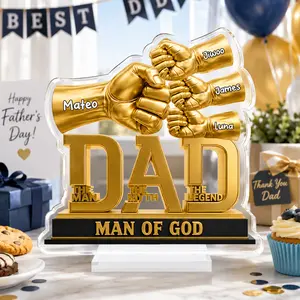 Personalized Clear Acrylic Dad Plaque Custom Kids Names Fist Bump Family Sign Gold 3D Style Man Of God Desk Decor Fathers Day 2026 Gift For Dad Gift For Husband Gift From Kids Christian Dad Gift Room Decor Home Decor Best Dad Gift