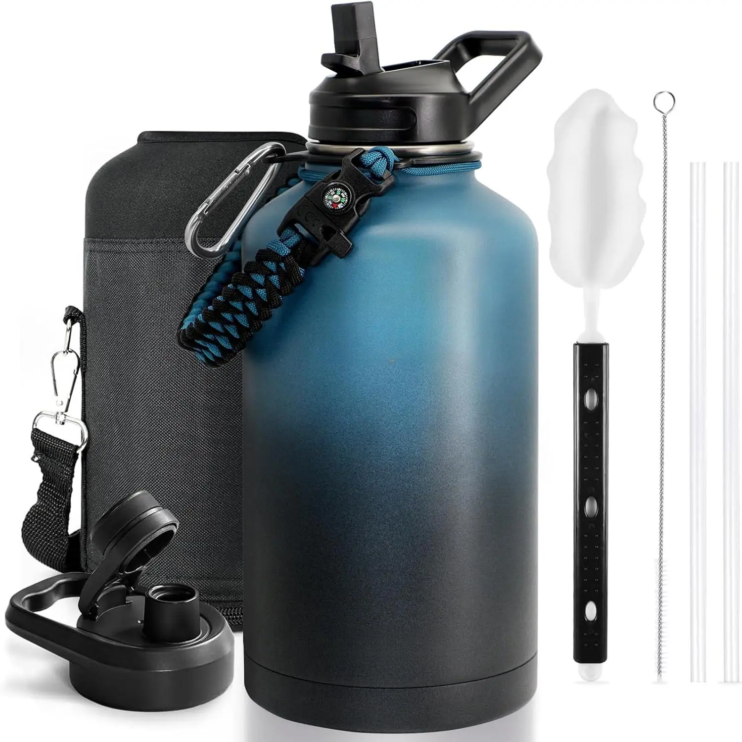 Stainless Steel Sports Water Bottle for Adults, Triple Layer Large Capacity Insulated Tumbler with Above 48-Hour Cold Retention, 2 Leakproof Lids (Straw & Spout), Wide Opening, Sporty Nylon Strap with Built-in Compass, Silicone Portable Drinkware