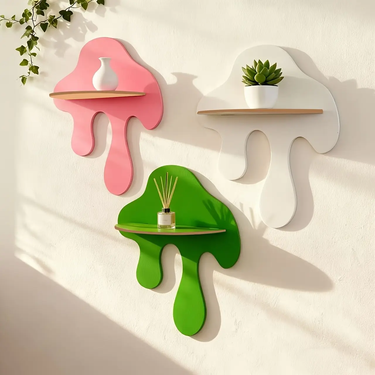 3-Piece Water Drop Wall-Mounted Shelf, Creative Geometric Wall Decor, Wooden Storage Rack for Bedroom and Living Room, Bohemian Style Home Decoration