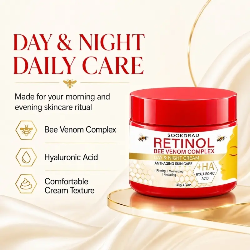 Retinol Bee Venom Complex Day Night Cream, Hyaluronic Acid, Firming, Moisturizing, Protecting, Anti Aging Skincare, All Skin Types, Facial Care, Daily Use, 140g