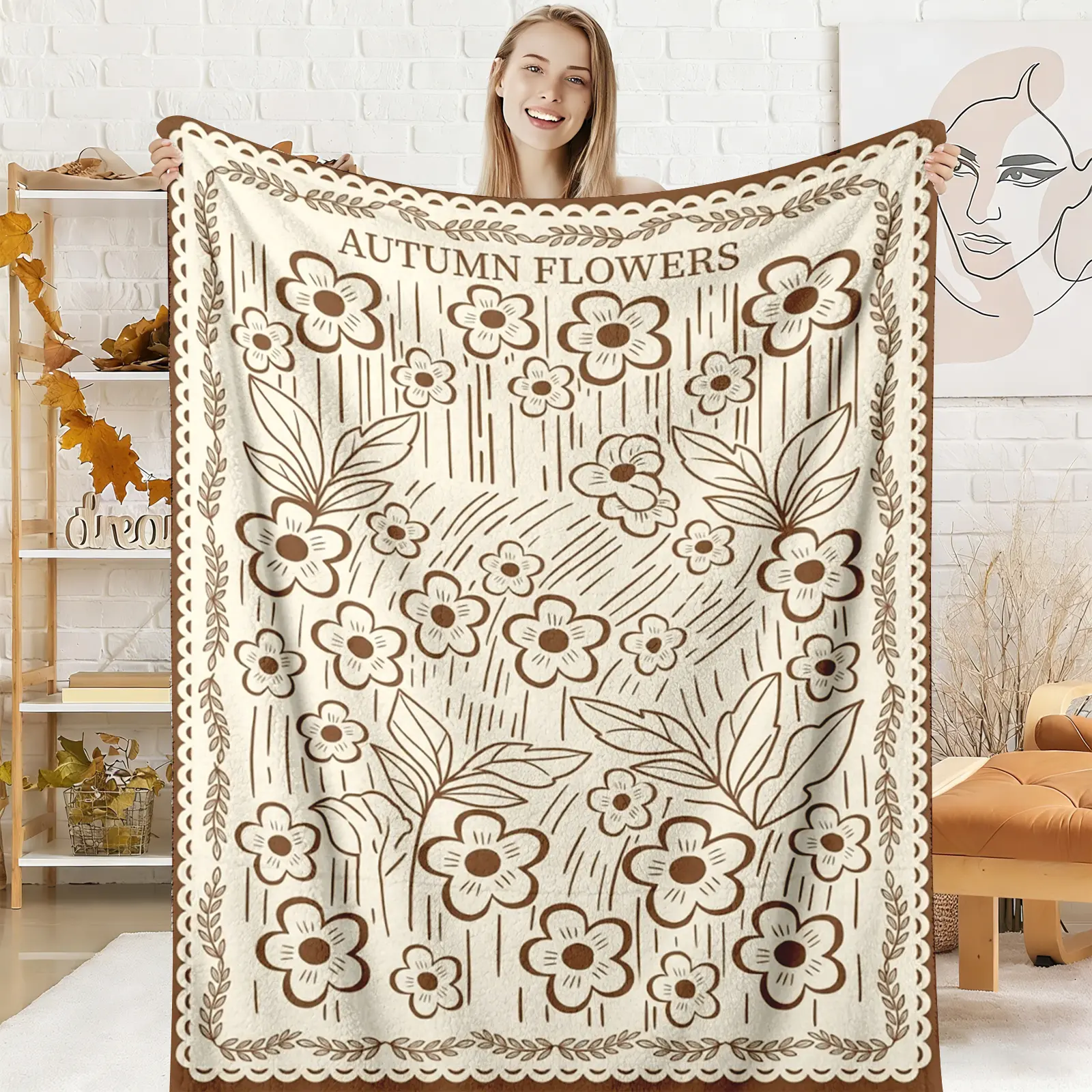 Autumn Flowers Flannel Throw Blanket, Vintage Brown Floral Lace Border Soft Cozy Warm Cover, Rustic Cottage Design, Fall Thanksgiving Gift for Her Mom Grandmother, Cute Couch Bedroom Living Room Decor ﻿ holiday