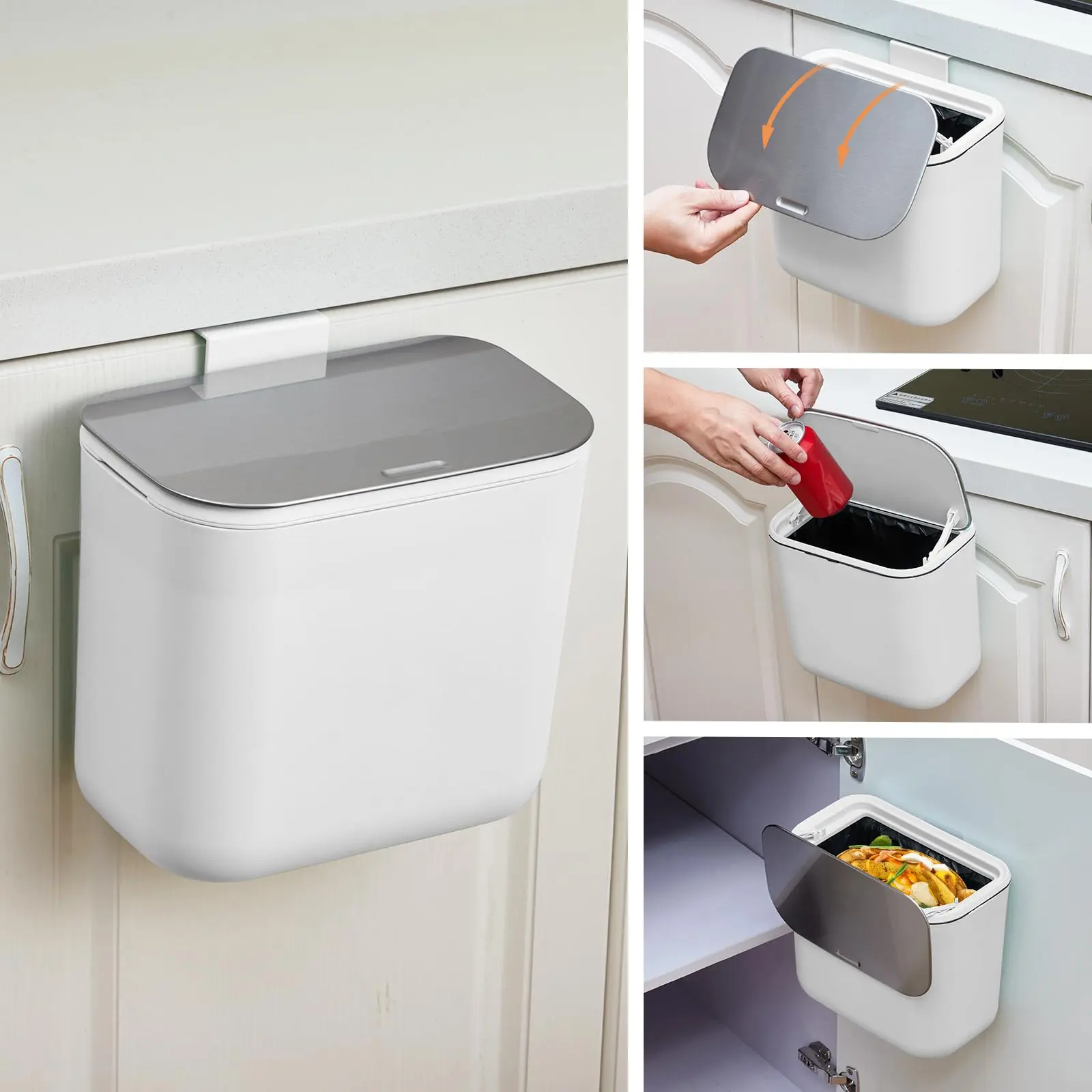 Garvee 1.8 and 2.4 Gallon Hanging Trash Cans with Stainless Steel Lids, Perfect for Under Sink Compost Bins in Kitchen Cabinets, Ideal for Food Waste Management in RVs, Bathrooms, and Offices