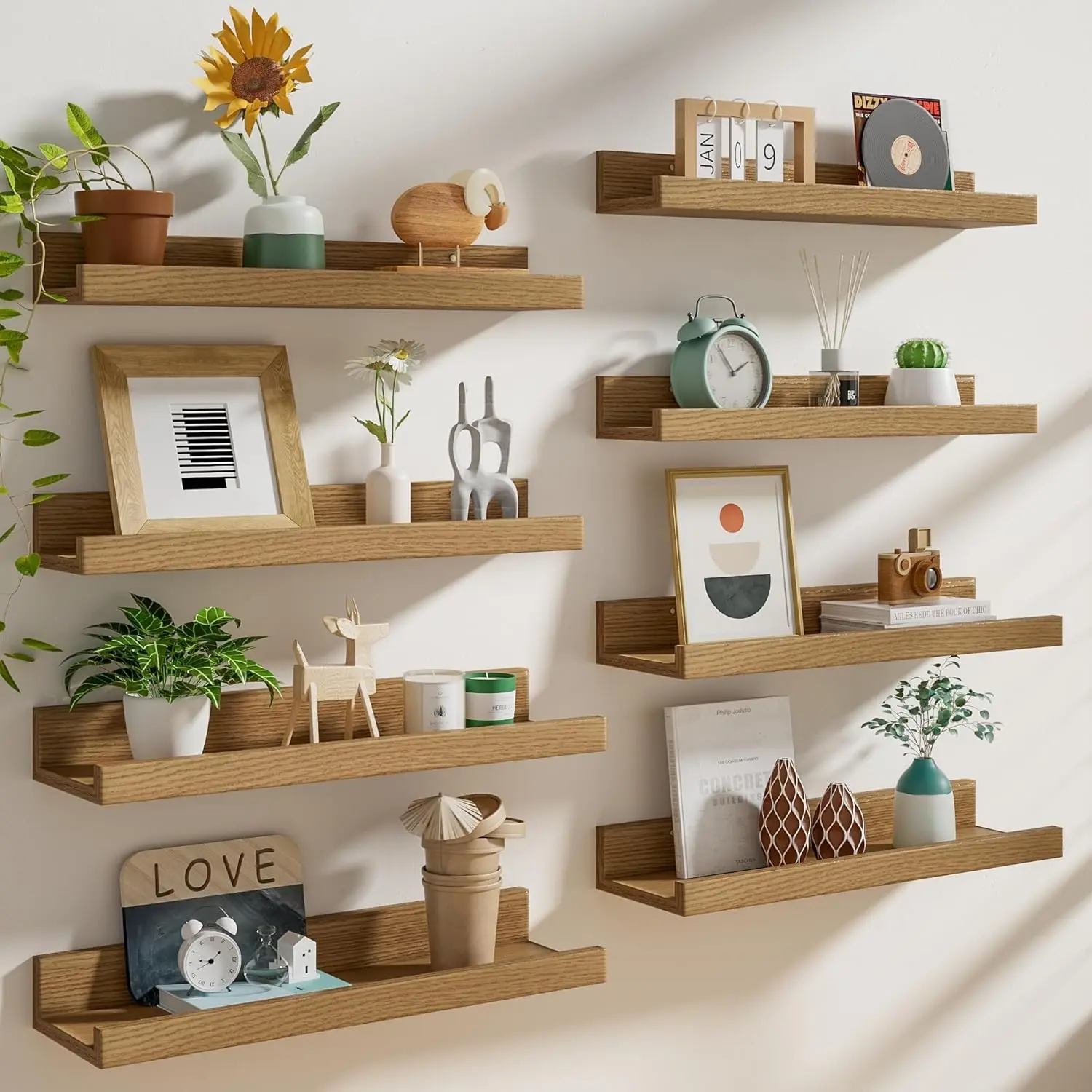 24 inch Picture Ledge Shelf Set of 8,Long Floating Shelves for Wall,Oak Picture Shelf with Lip for Wall Decor,Living Room Bedroom Bookshelf Photo Frames Nursery Book Shelves for Storage