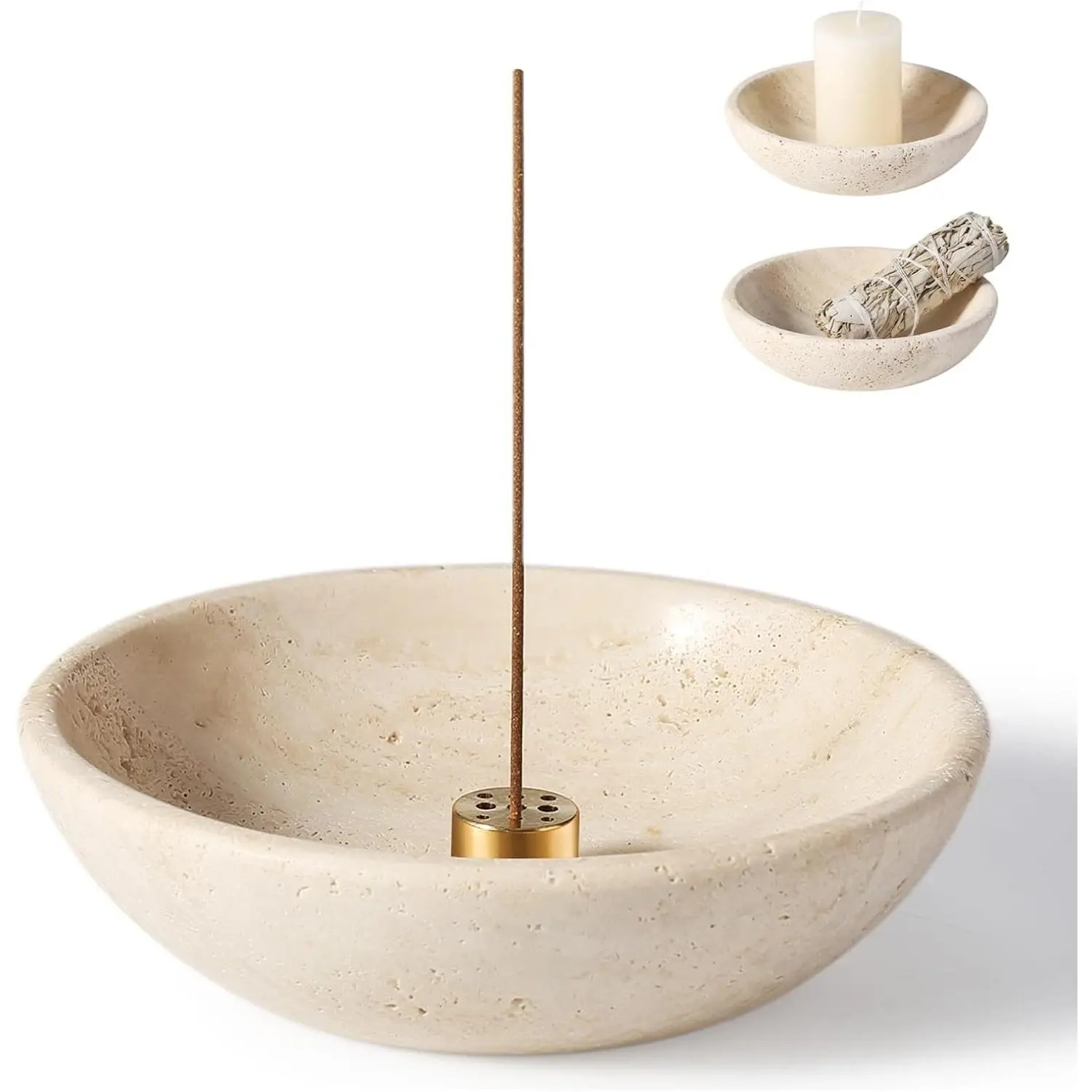 Natural Travertine Incense Holder, Incense Holder for Sticks with 9 Holes, Handmade Incense Burner Ash Catcher for Meditation Yoga SPA, Balsam Fir/Palo Santo/Sage/Cone Incense Holder(Beige)