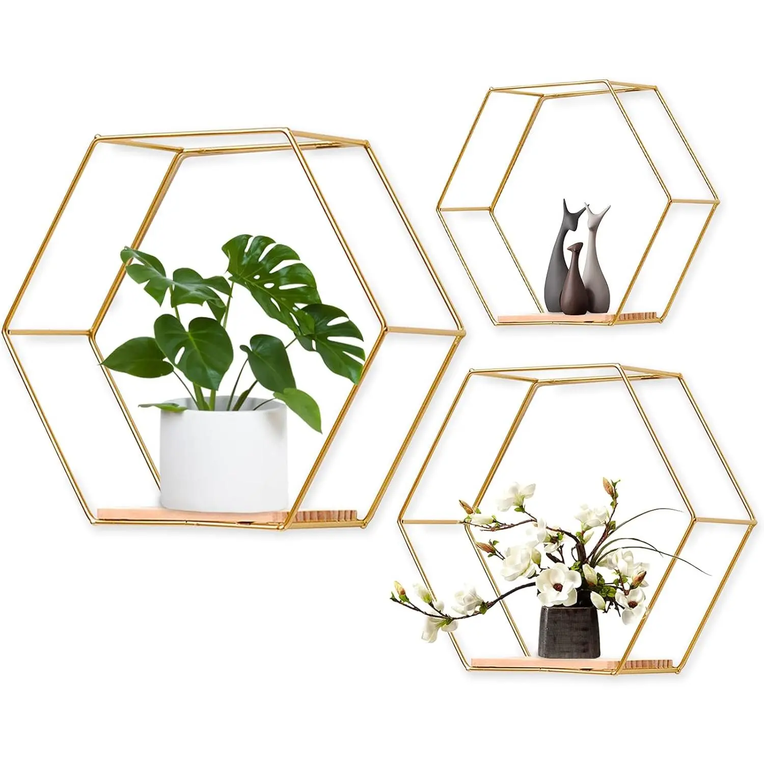Wall Mounted Hexagonal Floating Shelves Set of 3 in Different Sizes, Modern Metal Wall Shelf, Simple Wood Partition Storage Shelves, Decor Rack for Bedroom, Living Room, Kitchen and Office