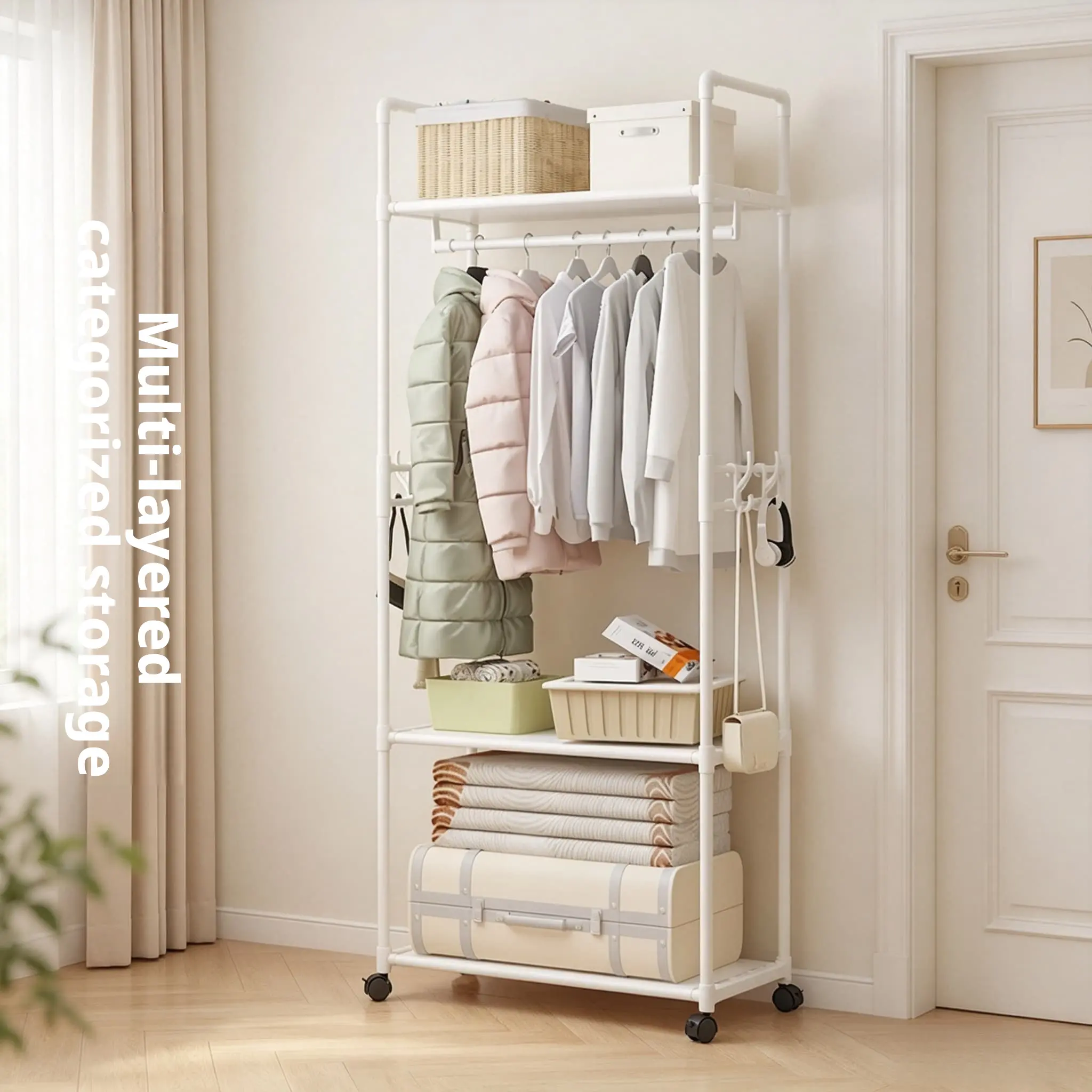 Freestanding Clothing Rack with Wheels, Heavy Duty Garment Rack with Multi-Tier Storage Shelves, Portable Metal Clothes Hanging Organizer for Bedroom, Closet, Entryway