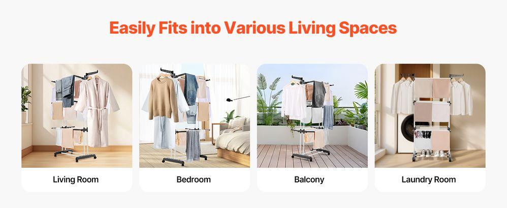 Clothes Drying Rack, Oversized 4-Tier(67.7" High) Foldable Stainless Steel Drying Rack Clothing, Movable Drying Rack with 4 castors, 24 Drying Poles and 14 Hooks for Bed Linen, Clothing