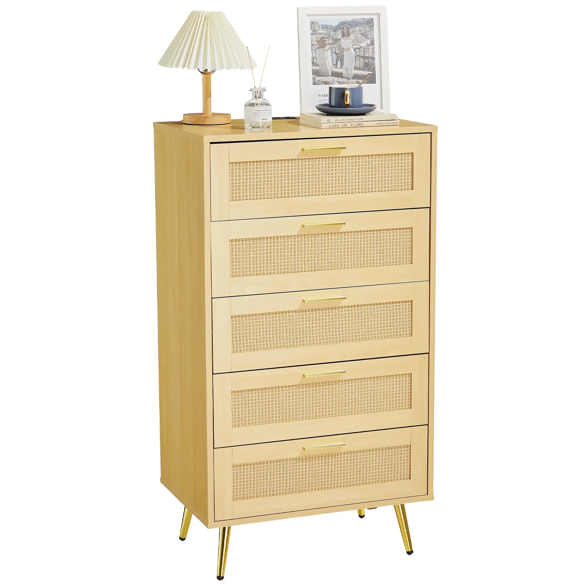 Modern Rattan 5-Drawer Dresser – Tall Wooden Chest with Metal Handles, Splayed Legs, Versatile Storage Organizer for Bedroom, Entryway, Living Room – Oak/White/Walnut