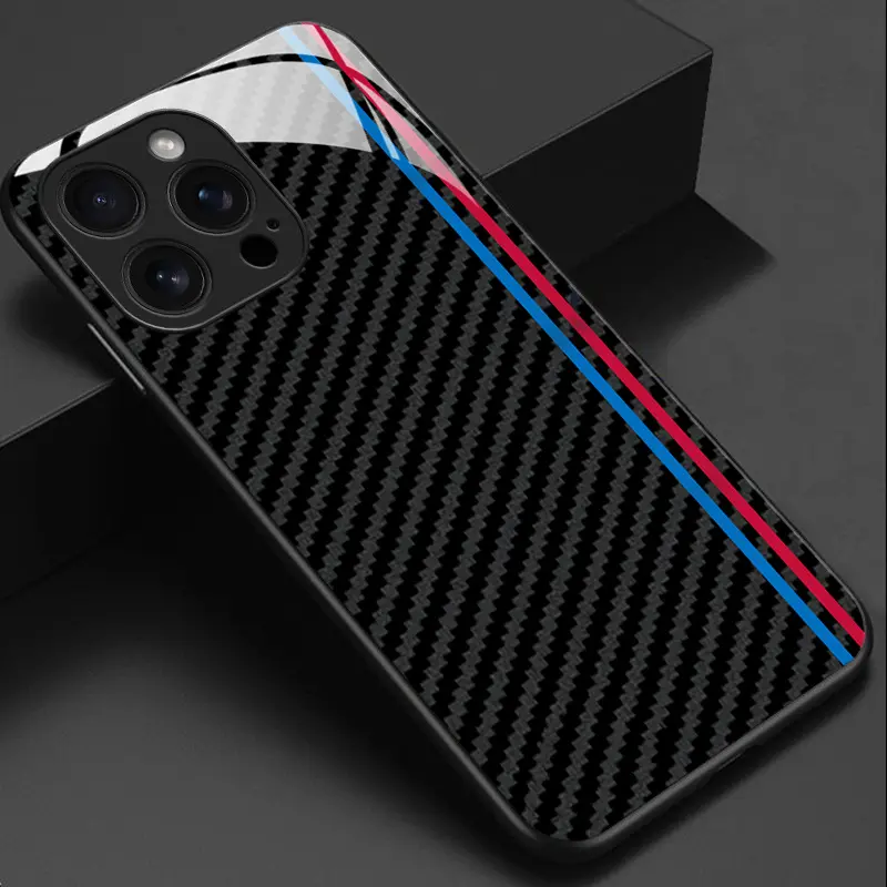 Sporty Carbon Fiber Texture Glass Case for iPhone 17 16 15 14 13 12 11 17Air 16E 17E Pro Plus Promax Samsung S21 S22 S23 S24 S25 S26 Plus Ultra FE, Anti-Scratch Glossy Tempered Glass Hard Cover