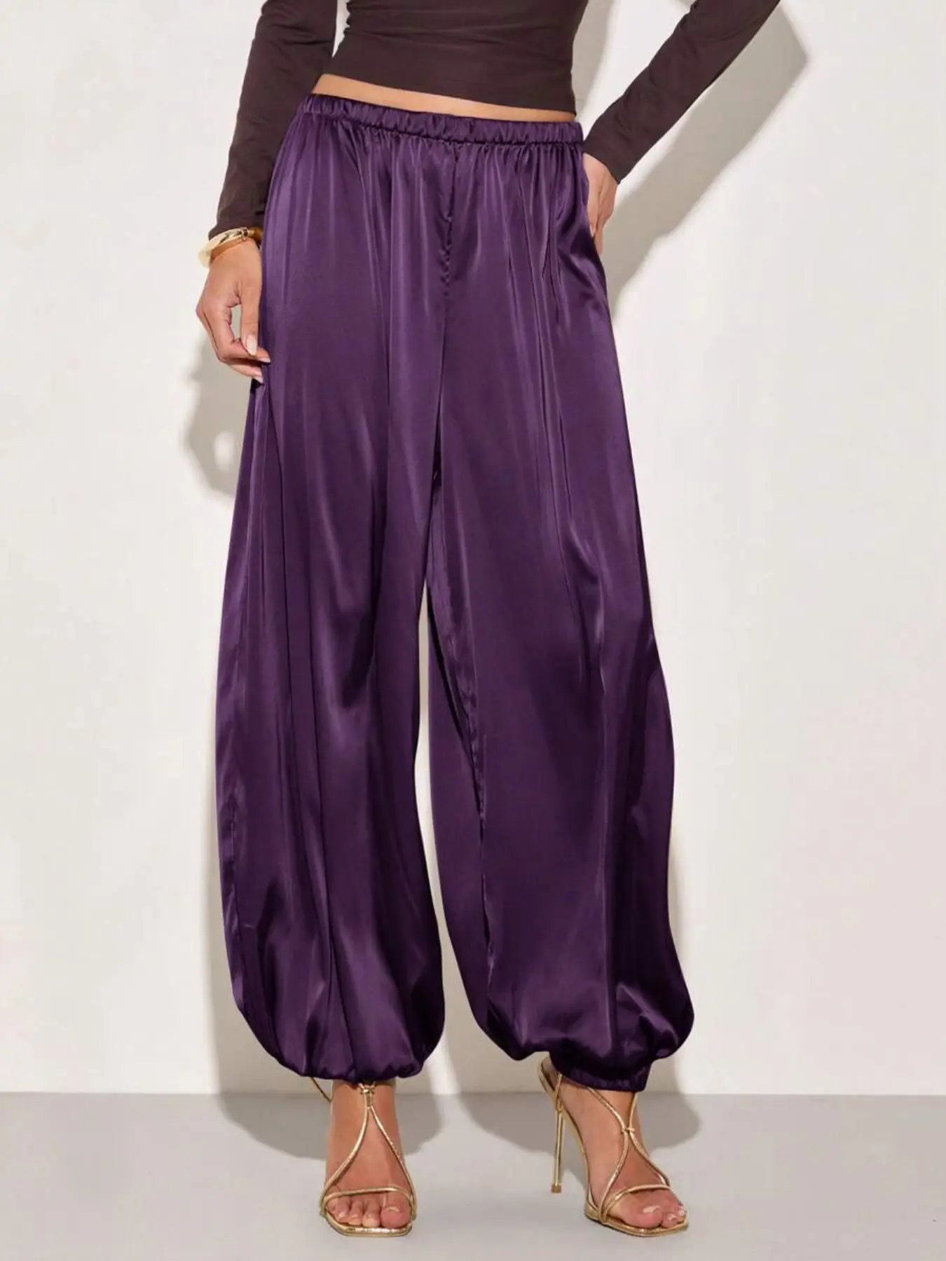 Elegant Casual Flowy Women's Spring Summer Solid Silk Cuffed Long Pants, Comfortable and Stylish, Perfect for Daily Wear