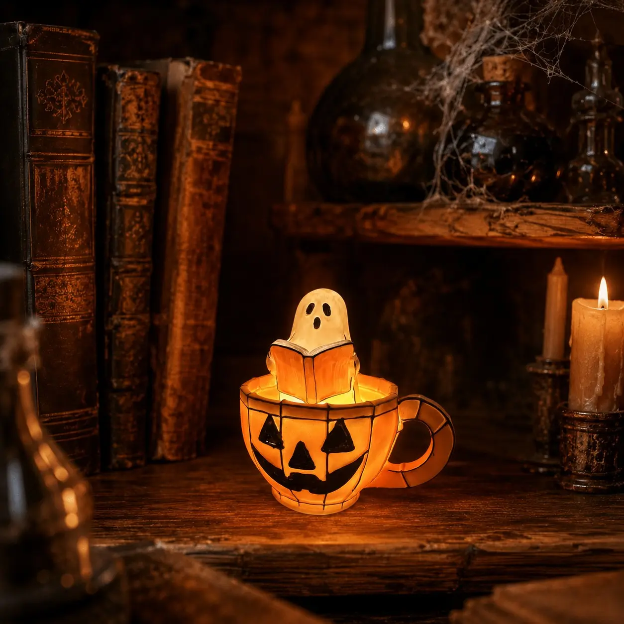 Halloween Pumpkin Cup Ghost Night Light, Cute Reading Goblin Atmosphere Statue Lamp, Warm Light Bedroom Bedside Decorative Lamp, Desktop Ornament, Festival Party Home Gift