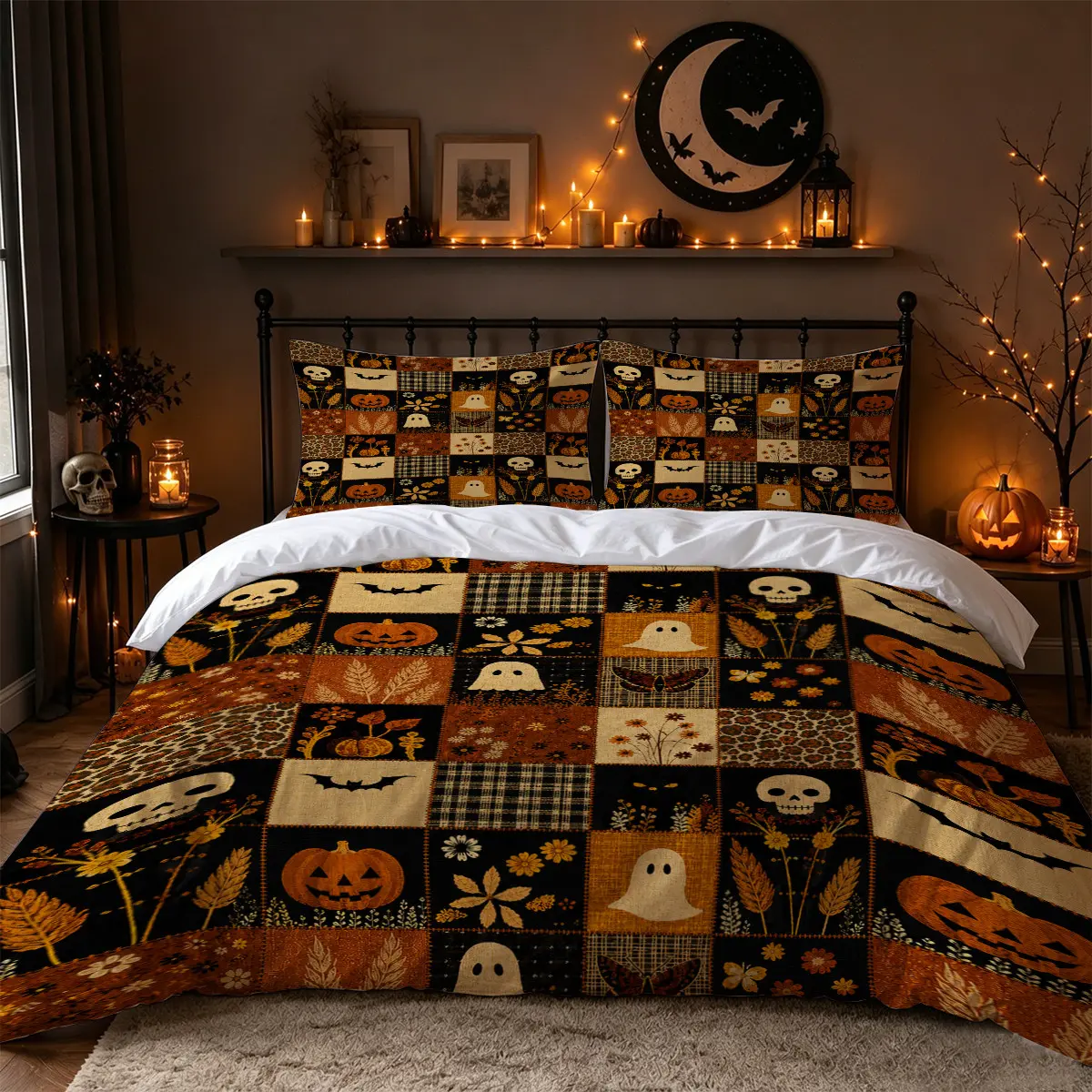 3Pcs Vintage Halloween Skull Ghost Pumpkin Bat Patchwork Print Duvet Cover Set, Primitive Rustic Farmhouse Fall Bedding with 1 Duvet Cover and 2 Pillowcases, No Comforter, Bedroom Decor for Adults, Apartments, Dorms and Guest Rooms