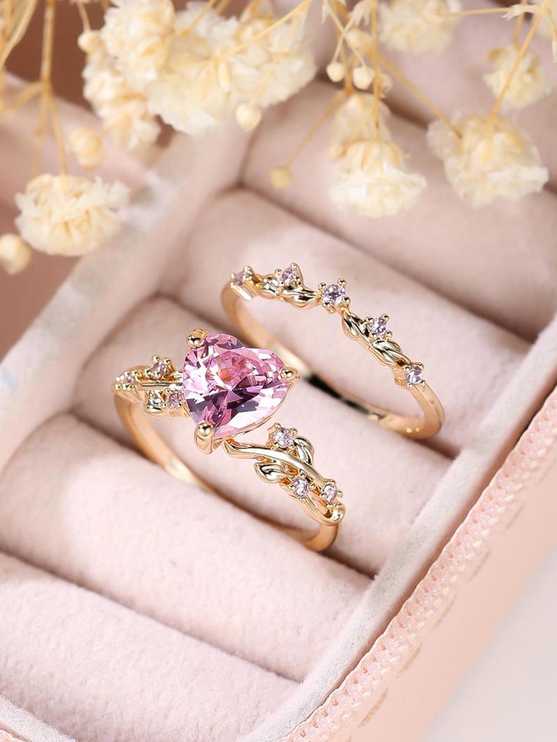 2pcs/set Women's Elegant Artificial Gemstone Decorated Heart Design Ring, Fashion Jewelry For Women & Girls, All-match Accessory, Heart Cluster Ring