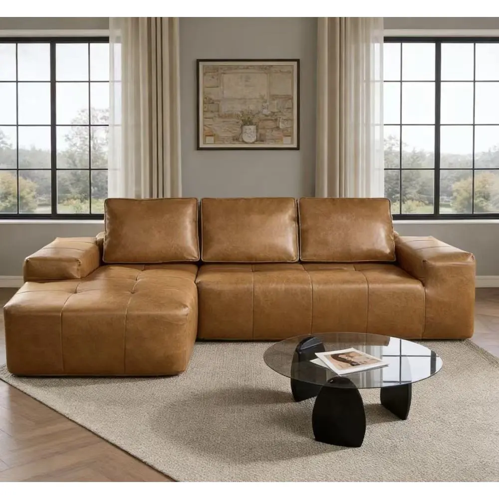 114.17“ Boneless Couches for Living Room, Brown Faux Leather Cloud Sectional Couches with Chaise, Deep Seat L Shaped Modular Sofa, No Assembly Required Sofas in a Box(Right / Left,Faux Leather,Brown)