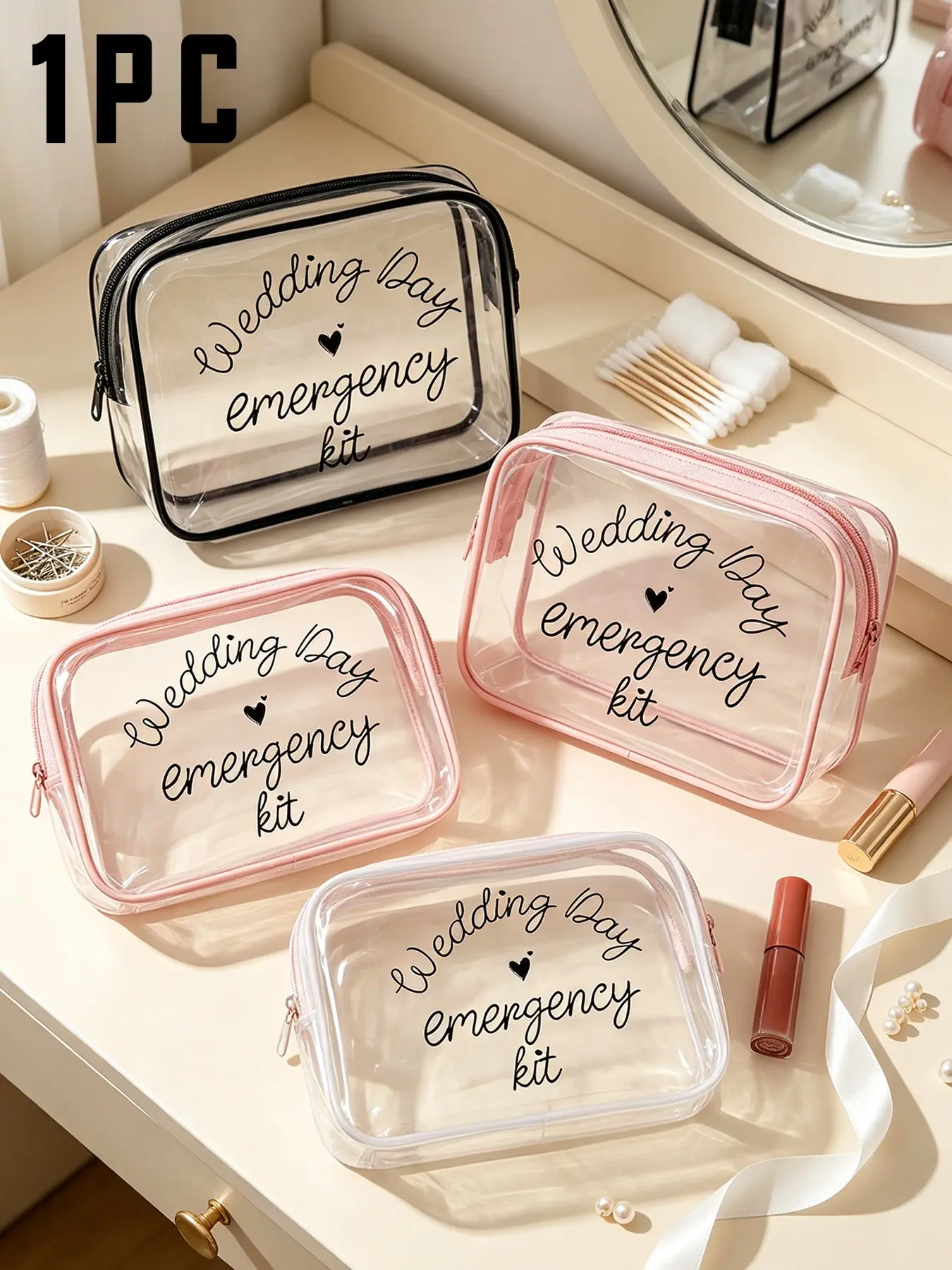 Transparent PVC Cosmetic Bag, Waterproof Zipper Travel Makeup Bag, Essential Wedding Day Organizer, Bridesmaid Emergency Kit, Makeup Storage Pouch