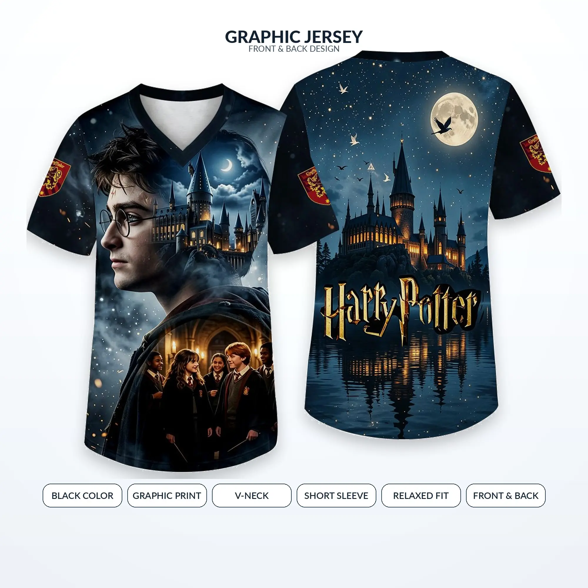 Harry Potter Hogwarts V Neck Shirt, All Over Graphic Print Short Sleeve Relaxed Fit Wizarding World Fan Tee for Summer Casual Streetwear