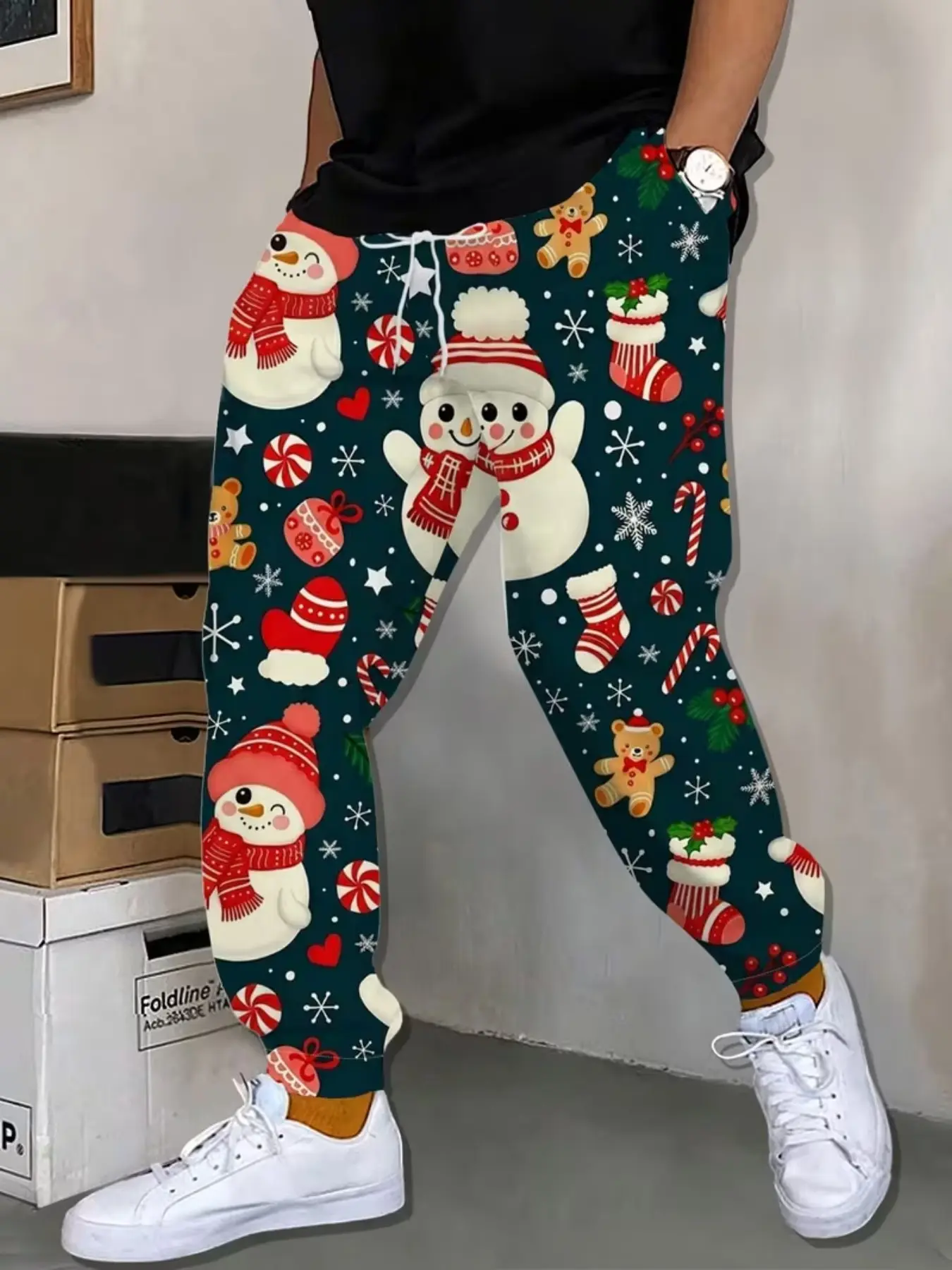 Men's Christmas Theme Printed Sweatpants, Fun Snowman Gingerbread Man Festival Elements, Fall Winter Casual Sporty Pants