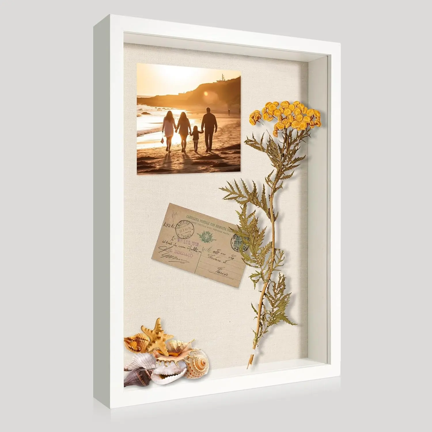 12x16 Large White Wooden Shadow Box Picture Frame, Memory Display Case with Tempered Glass Cover & Soft Linen Back for Wall Display