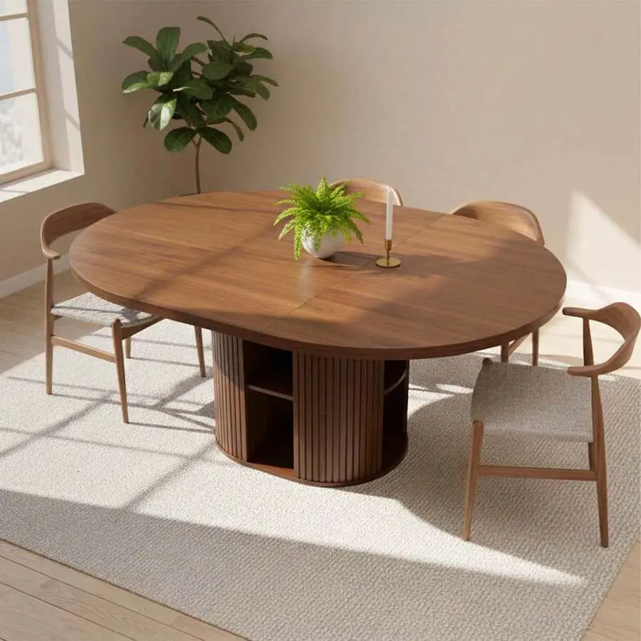 43.3''–59'' Extendable Round Dining Table 4–8, Modern Wood Oval Table With Storage Shelf, Space-Saving Expandable Circle Dinner Table Dining Room Or Living Room(Walnut)