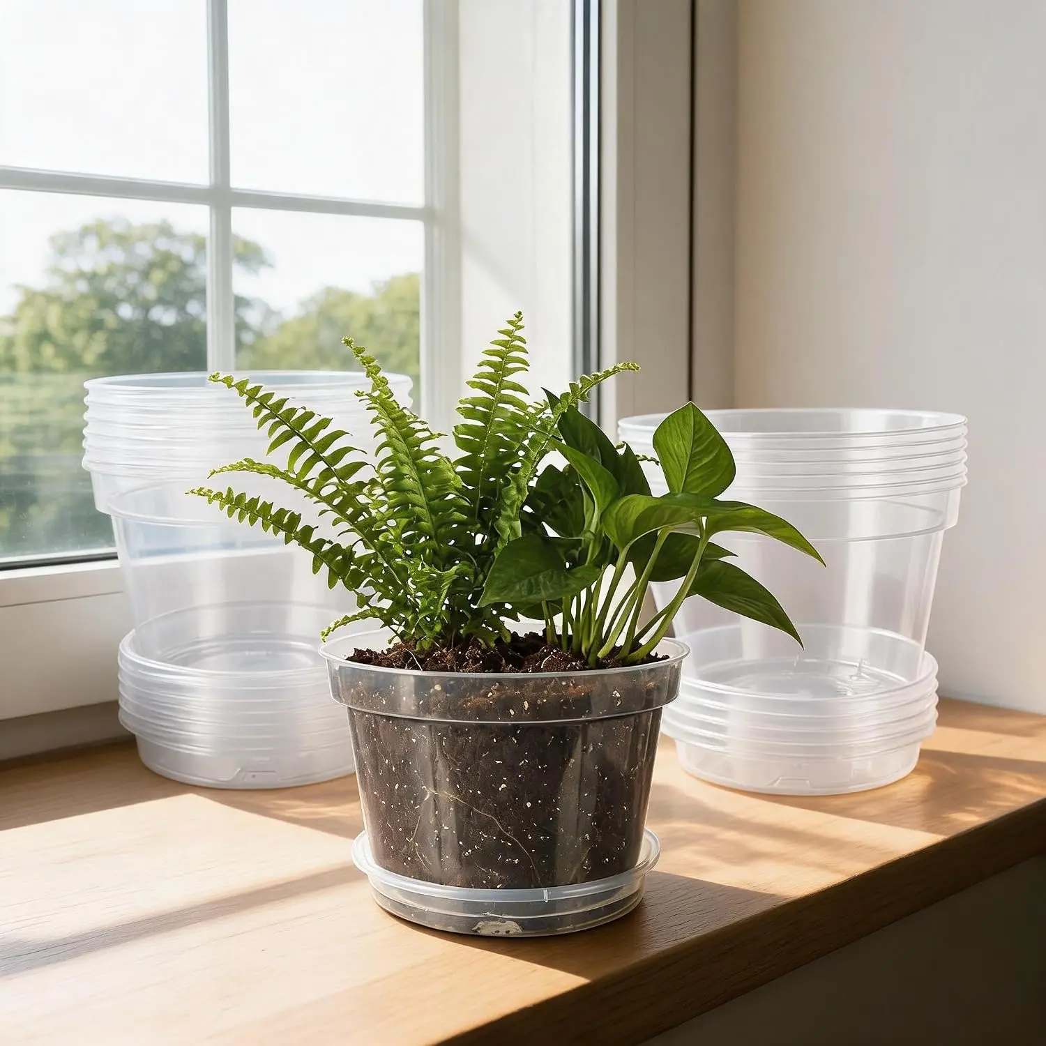 12 Pack 8 in Clear Nursery Pots for Plants with Saucers, Thickened Plastic Plant Pots with Drainage Holes, Transparent Seeding Start Planters for Indoor Outdoor