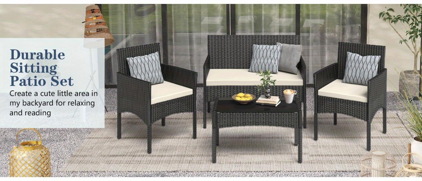 4-Piece Outdoor Wicker Rattan Patio Furniture Set – Black Conversation Set with Waterproof Cushions and Side Table, Ideal for Lawn, Backyard, Garden, Balcony, Porch & Poolside, Perfect for Outdoor Gatherings and Relaxation 4-Piece Outdoor Wicker Rattan Patio Furniture Set – Black Conversation Set with Waterproof Cushions and Side Table, Ideal for Lawn, Backyard, Garden, Balcony, Porch & Poolside, Perfect for Outdoor Gatherings and Relaxation
