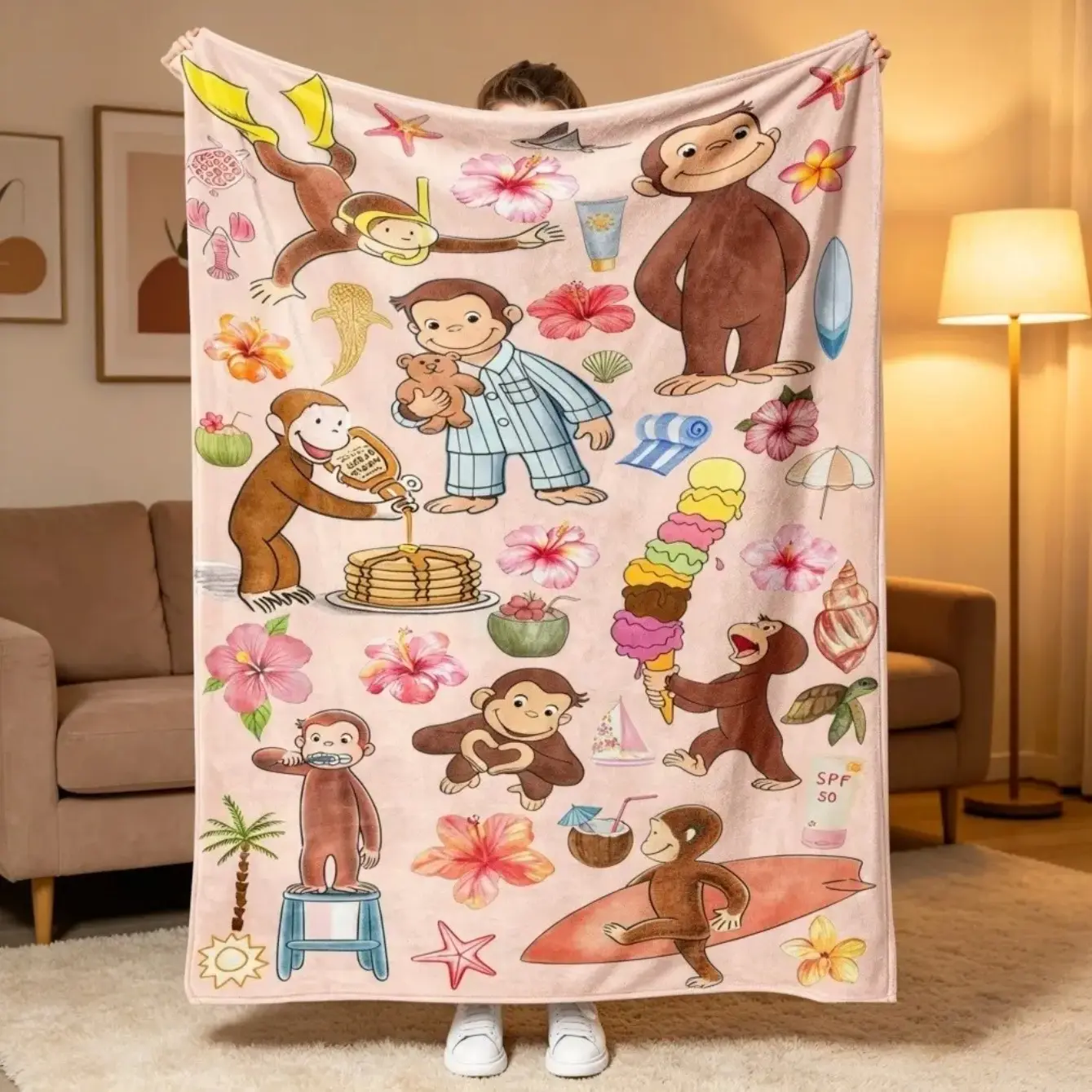 Curious George Tropical & Pajama Collage Soft Plush Polyester Throw Blanket - Beach Fun, Skin Friendly, Cute Cartoon Beach Surf Adventure Design for Kids Bedrooms, Home & Travel Indoors Outdoors, Ideal Birthday Christmas Gift for Young Fans, Cartoon Print