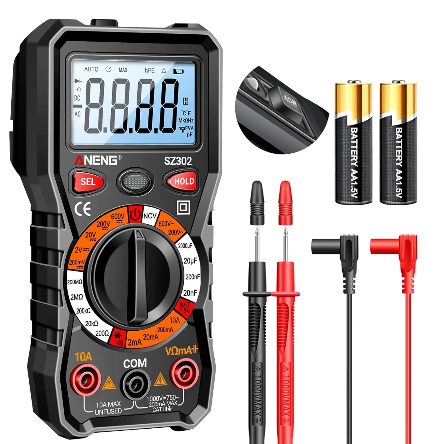 Multimeter with Backlit LCD,Ohm Volt Amp Meter,Non Contact Voltage Tester Measures DC AC Voltage,,NCV,Resistance,Capacitance,Diodes,Flashlight Electric for Automotive Battery Test