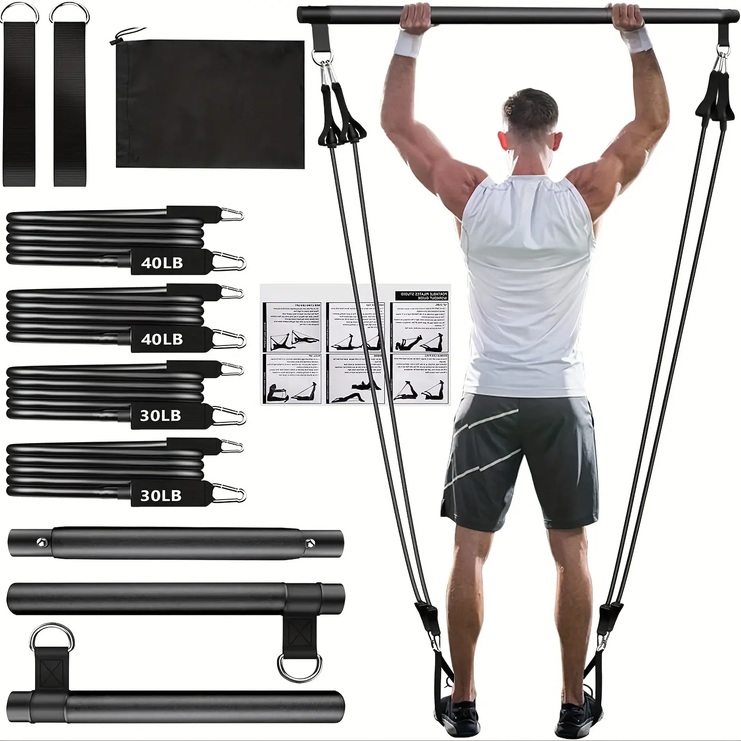 [Portable Home Gym] 8pcs Pilates Bar Kit With 4 Resistance Bands (140 Lbs) - A Portable Home Gym Fitness Equipment Set, Equipped With Ankle Straps And A Portable Drawstring Backpack, Suitable Both Men And Women's Fitness Workouts