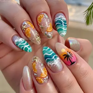 Summer Beach Nails Press On Nails For Women Girls 24Pcs Medium Ocean Wave Palm Tree Starfish 3D Shell Rhinestone Tropical Fake Nails Mermaidcore Aesthetic Vacation Party