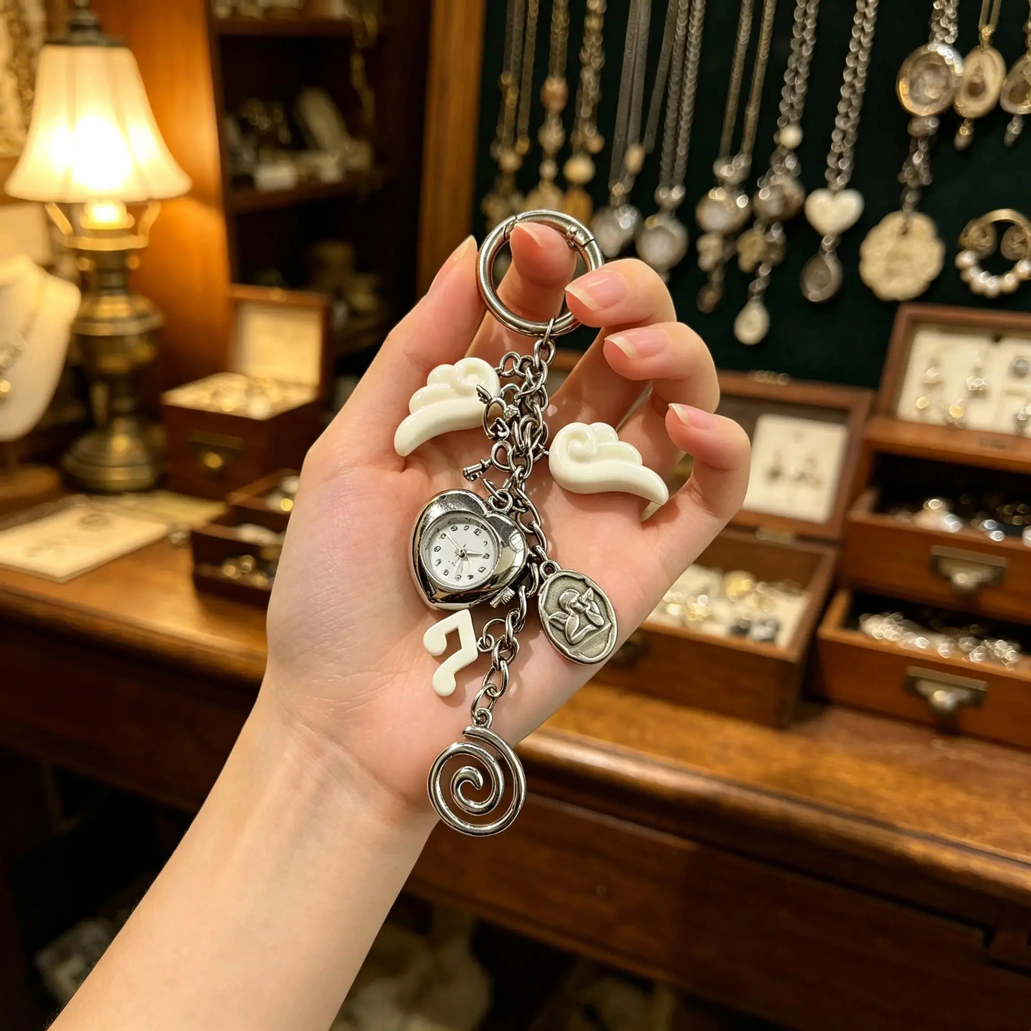 Vintage Angel Wing Heart Pocket Watch Keychain, Cute Music Note Pendant Bag Charm, Girly Purse Accessory For Car Keys Backpacks, Heartfelt Gift For Friends
