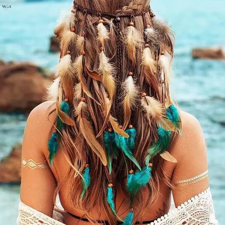 Boho Turquoise Feather Dreamcatcher Wall Hanging Hand Woven Brown Frame Natural Plume Macrame Wall Decor Bedroom Living Room Bohemian Home Ornament Gift
