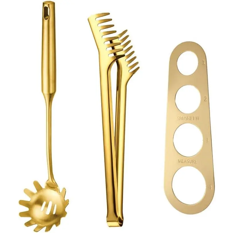 3 Pieces Gold Stainless Steel Spaghetti Server Set Includes Spaghetti Spoon with Teeth, 12'' Pasta Tong, 13.6'' Pasta Spoon and 4-Hole Measure Tool for Noodles Pasta Serving