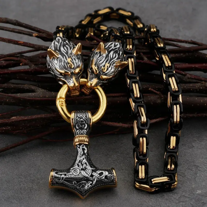 Men's 60cm Stainless Steel Nordic Viking Hammer Amulet Necklace - Exquisite Vintage Wolf Head Cuban Chain, Viking Style Faith Jewelry for Enhancing Overall Look, 60Cm Necklace, Viking Style Necklaces