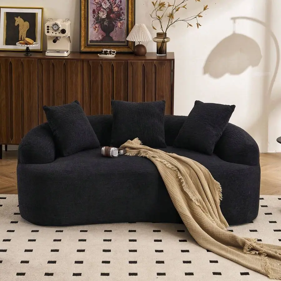 65'' Modern Curved Loveseat Sofa Couch, Luxury Plush Chenille Upholstered Cloud Couch With Extra Deep Seat And Curved Armless Floor Design, Compression Boneless Sofa With 3 Throw Pillows Living Room, Home Decor, Small Space, No Assembly Needed