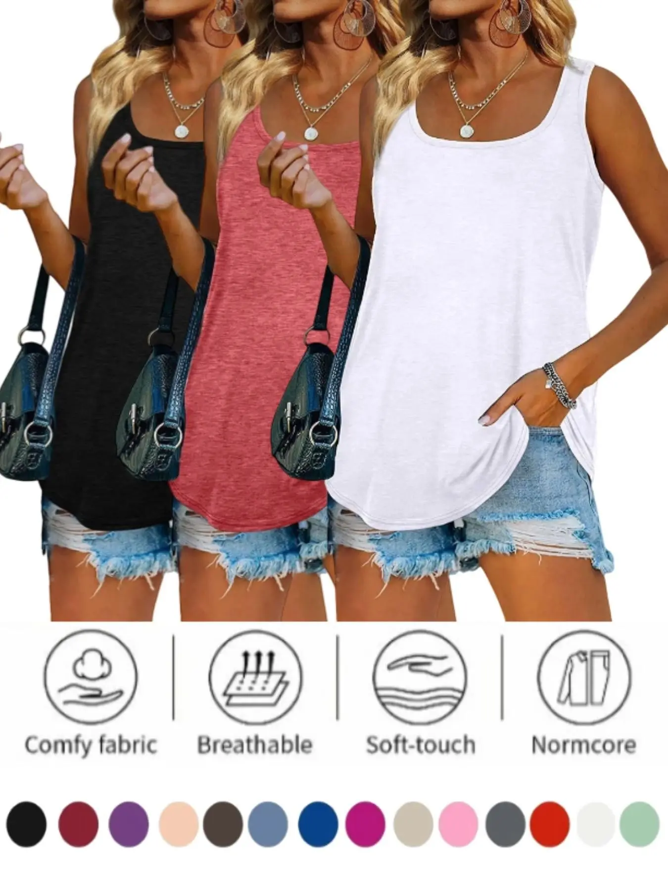 2026 Women's Blouses, Solid Color, Square Neck & V-Neck Design, Summer Sleeveless Basic Loose Baggy Tank Tops, Stylish Casual Wear, Casual Beach Tank, Beachy Tops