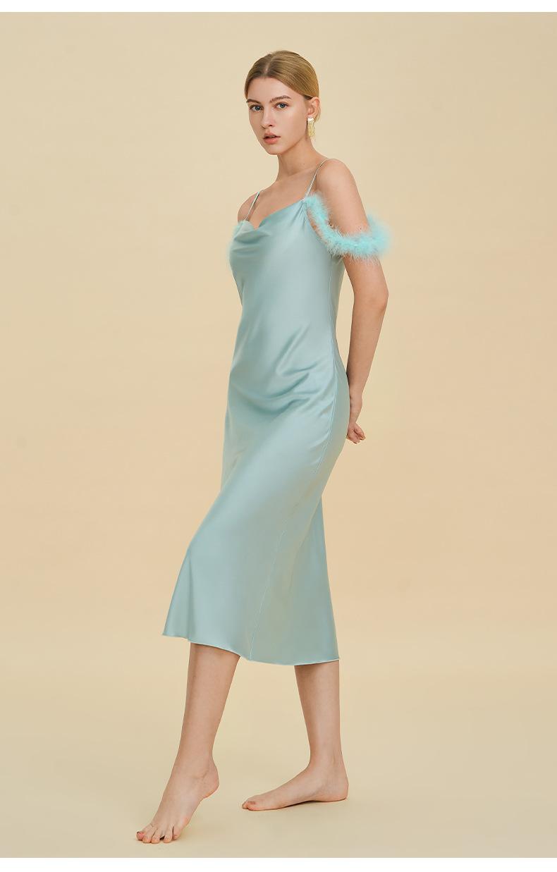 Sexy nightgown with straps, Russian cross-border one-shoulder dress, faux acetate nightgown, light luxury bridesmaid gift, strap dress, sexy off-shoulder feather-trimmed satin long dress, spicy girl style slim-fit bodycon dress