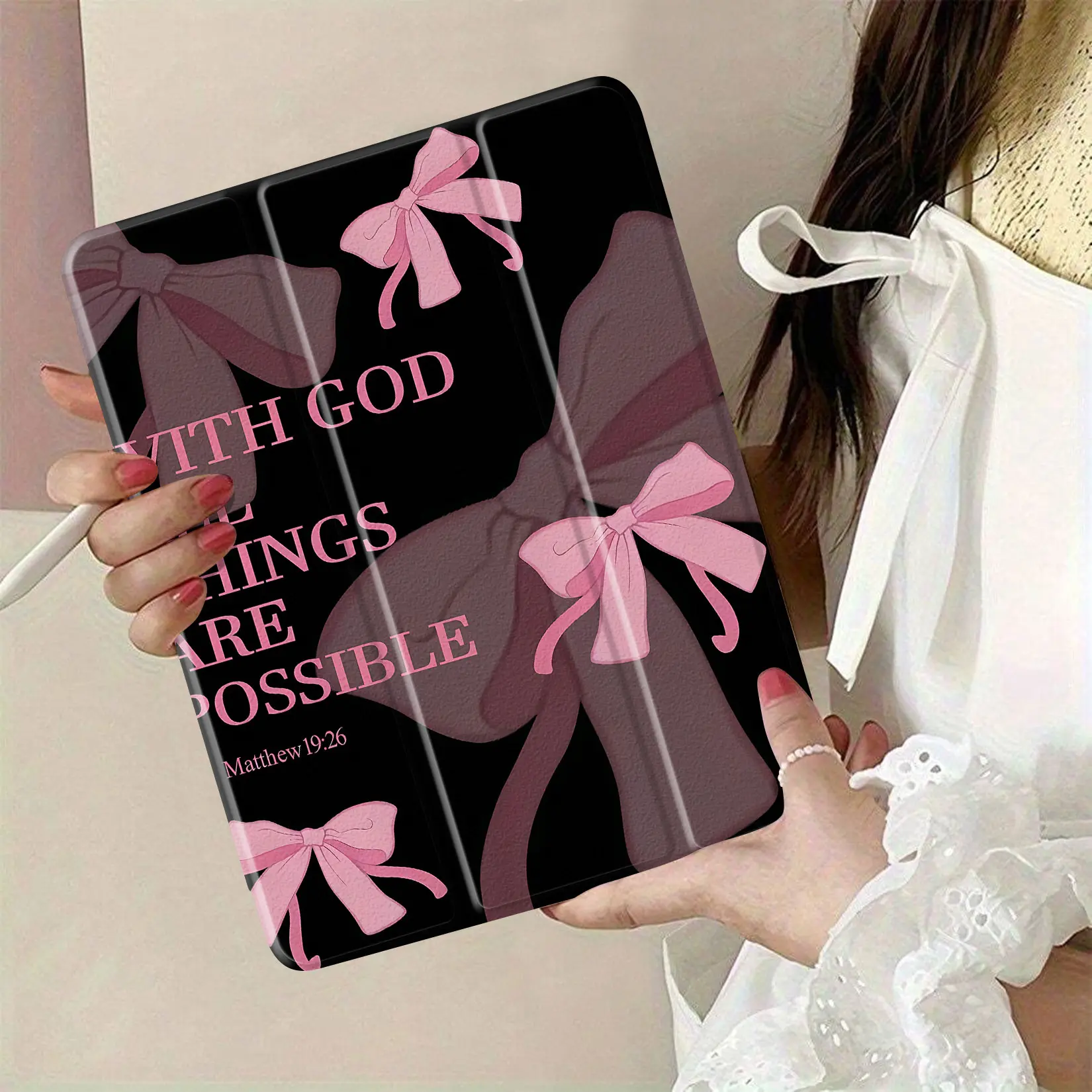 Inspirational Quote Art Tablet Cover - Pink Bow Decor, "With God All Things Are Possible" Typography, Stylish Electronics Accessories for Home Office Use, Computer