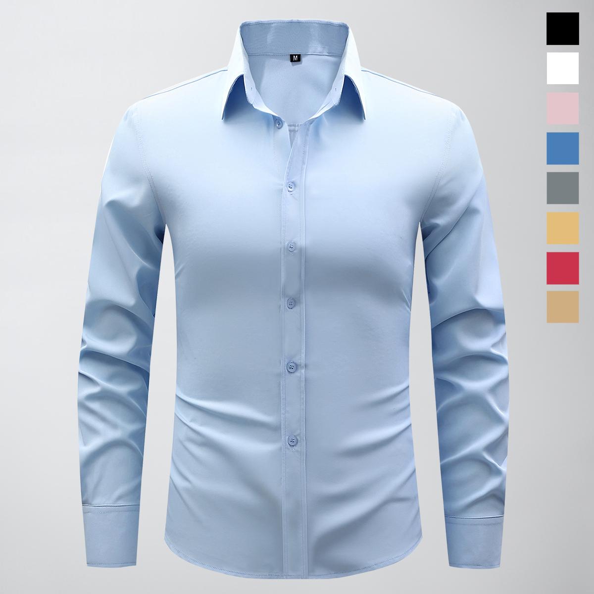 Non-stretch men’s slim-fit long-sleeve shirt; casual button-front dress shirt suitable for semi-formal and business-casual occasions; men’s formal inner layer; solid-color pointed-collar button-front long-sleeve shirt; menswear