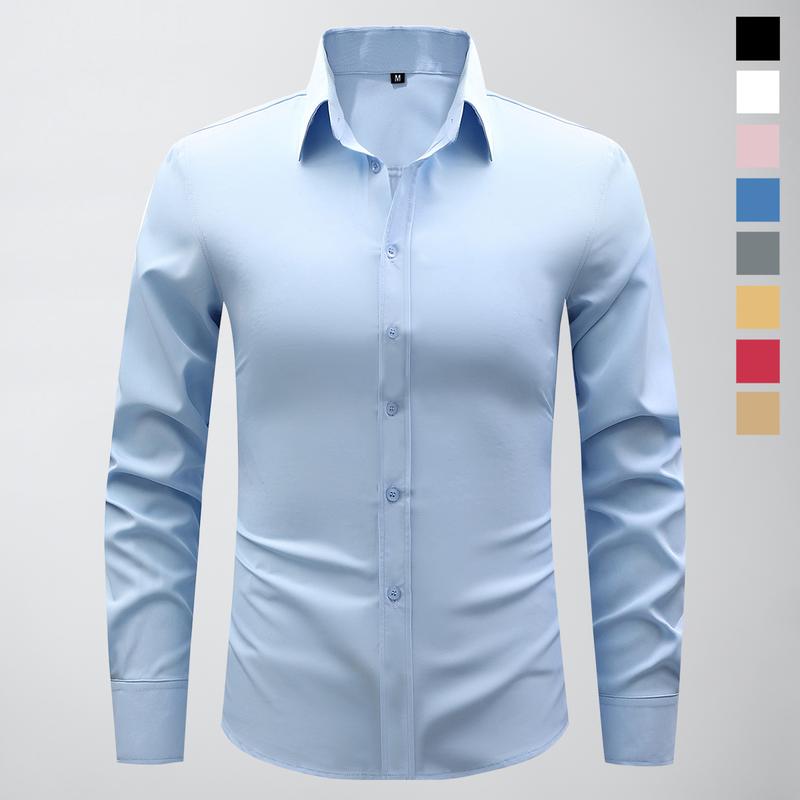 Non-stretch men’s slim-fit long-sleeve shirt; casual button-front dress shirt suitable for semi-formal and business-casual occasions; men’s formal inner layer; solid-color pointed-collar button-front long-sleeve shirt; menswear
