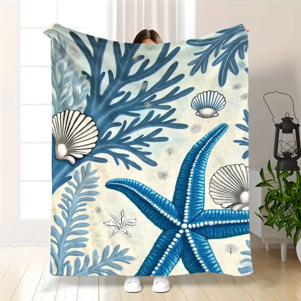 1Pc Coastal Turquoise Blue Flannel Throw Blanket - Soft, Cozy, Warm, Breathable Aquatic Blanket for Infant, Adult, All-Seasons Beach-Themed Decor with Starfish, Sand Dollars, Seashells, Coral Reef Patterns, Coastal Decor Gift