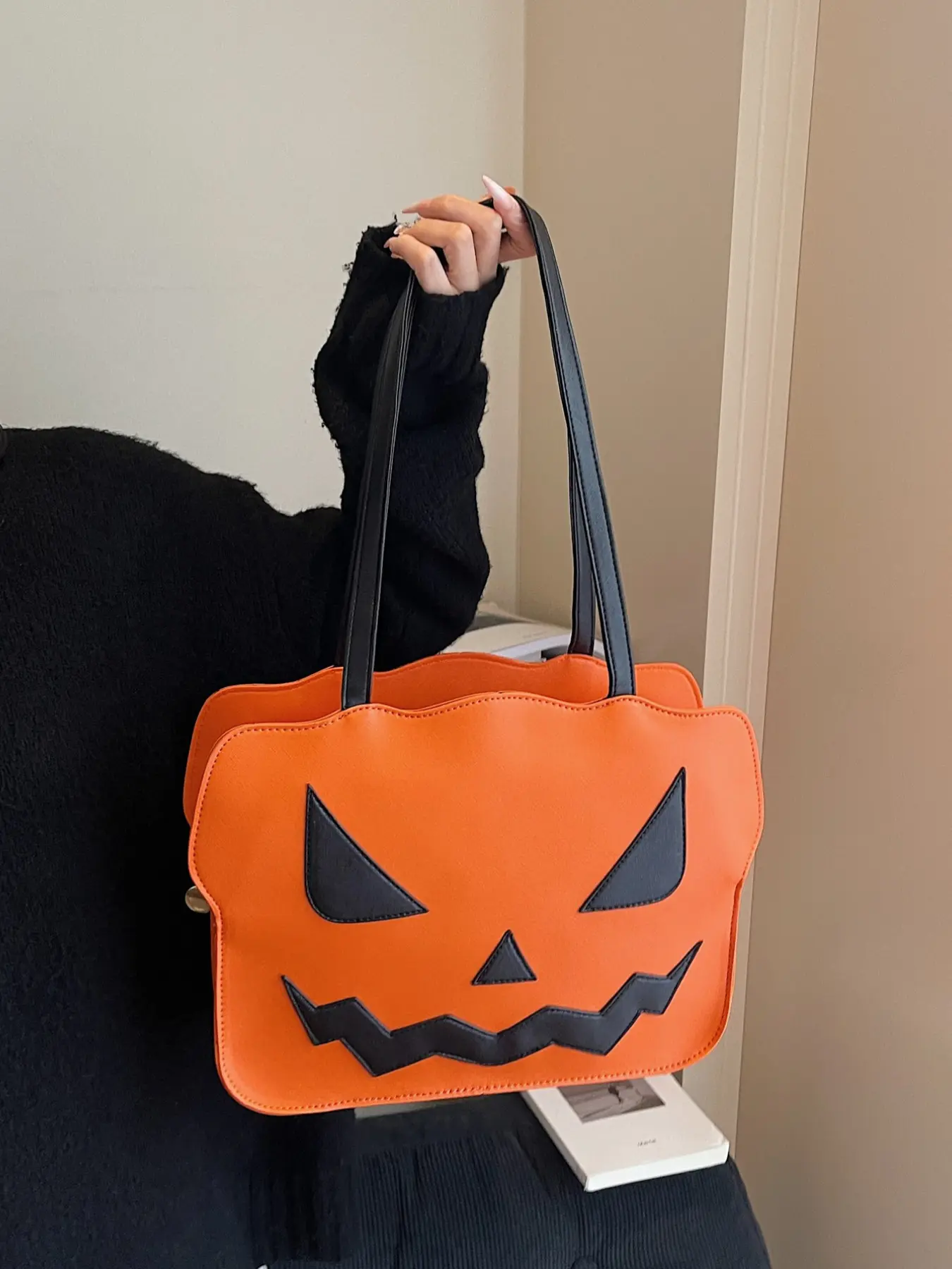 Halloween Pumpkin Face 3D Fun Design Women's Tote Bag, Durable PU Leather, Party Style, All Seasons, High Fashion, Versatile Use