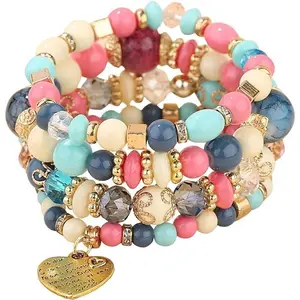 Women Beaded Bracelet Set | Colorful Boho Stackable Trendy Design with Crystal Accents Multilayer Bangle Bracelet | Fashion Stretch Braclets Jewelry for Women