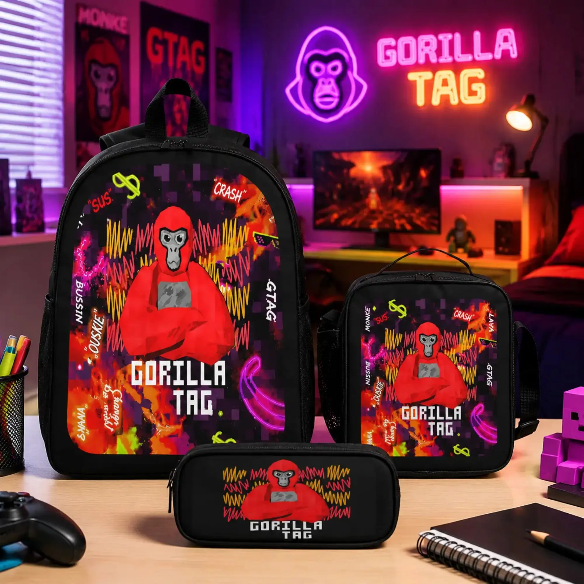 Gorilla Tag 3PCS Backpack Set with Lunch Bag Pencil Case Game Style School Backpack Lightweight Travel Daypack Bookbag for Boys Girls Teens Gaming Fans Back to School Gift Trendy TikTok Backpack Bundle Comfortable Shoulder Strap Casual Carry Set