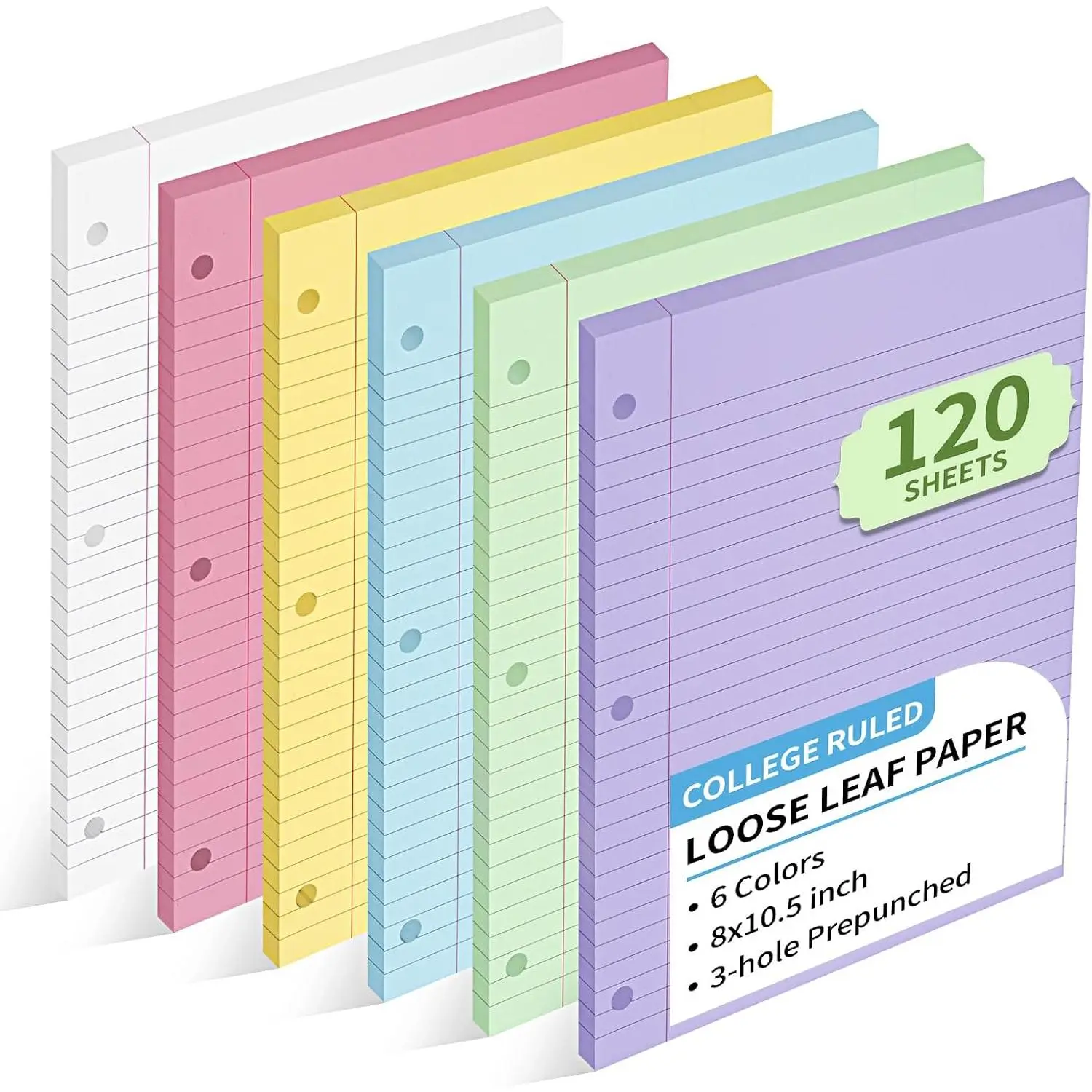 6 Color Loose Leaf Paper College Ruled, 8" X 10.5" Colored Notebook Paper | 120 Sheets 3-Hole Punched 70 Gsm Lined Paper For 3-Ring Binders, Loose Leaf Office Paper