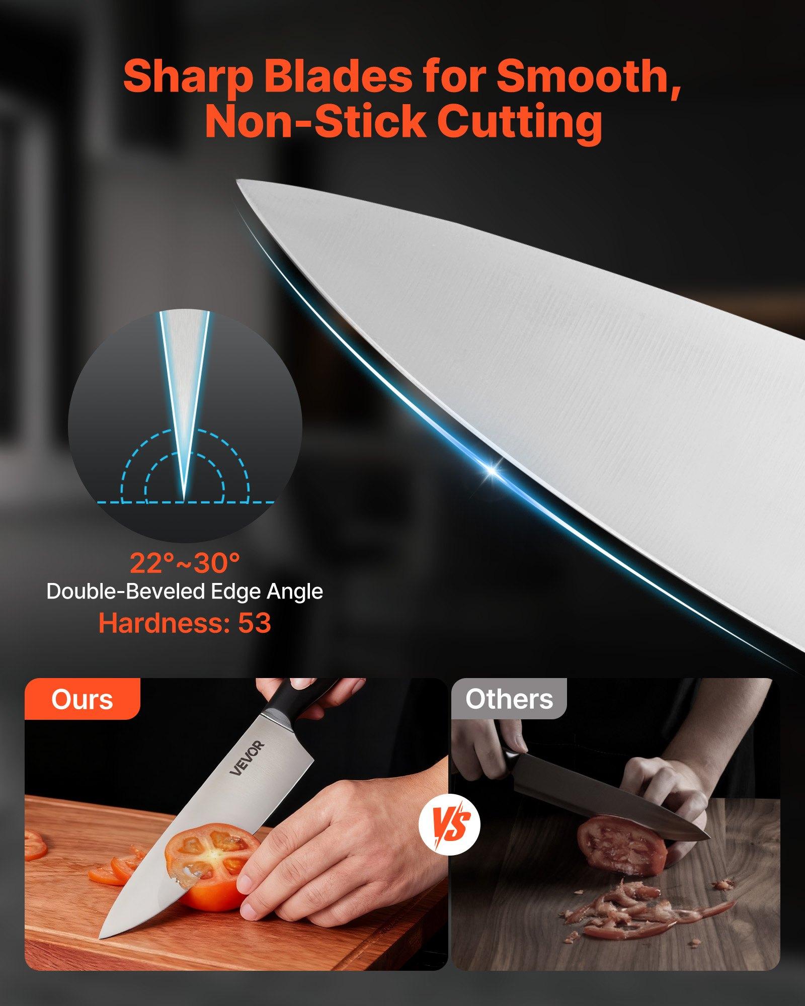 VEVOR 15-Pcs High Carbon Stainless Steel Knives Set with Premium Wooden Block, Sharpener, Steak Blade, Ergonomic Handle and Sharpening Rod for Home Cooks VEVOR 15-Pcs High Carbon Stainless Steel Knives Set with Premium Wooden Block, Sharpener, Steak Blade, Ergonomic Handle and Sharpening Rod for Home Cooks