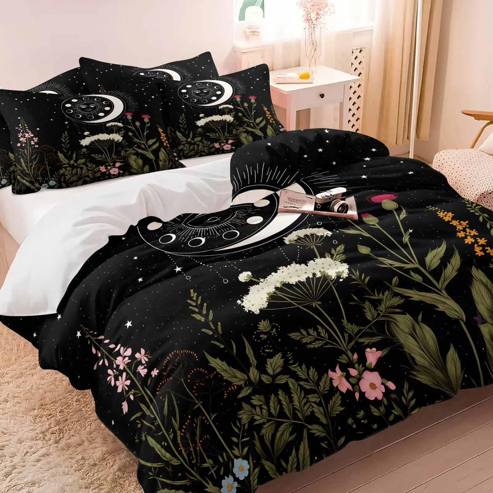 Celestial Moon Phase Wild Floral Duvet Cover Set, 1 Quilt Cover & 1 or 2 Pillowcases, Black Starry Sky Base Vintage Moon Face & Botanical Wildflower Print, Skin Safe Fabric for Witchy Cottagecore Bedroom Decor